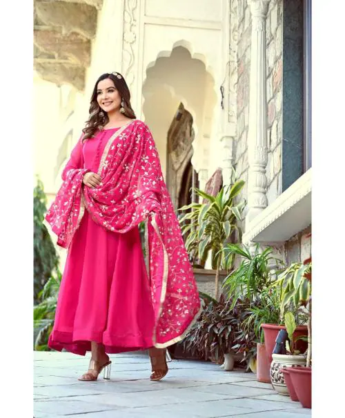 GRISHU COLLECTION New Fancy Sequence Coding Embroidery Anarkali Pink Kurta Set with Dupatta for Women