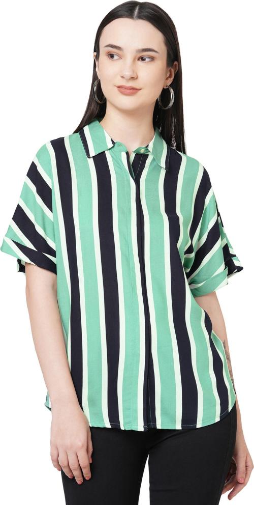 109F Women Blue, Black Striped Rayon Shirt