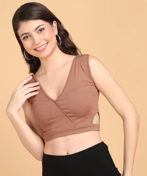 Popwings Women Casual Rust Self Design Rib Deep V Neck Sleeveless Cutout Crop Top | Women Tops | Women Latest Tops | Women Stylish Tops