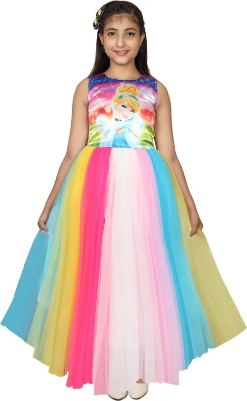OBAID FASHION Baby Girls Multicolor Striped Net Barbie Full Length Party Dress (11-12 Years)