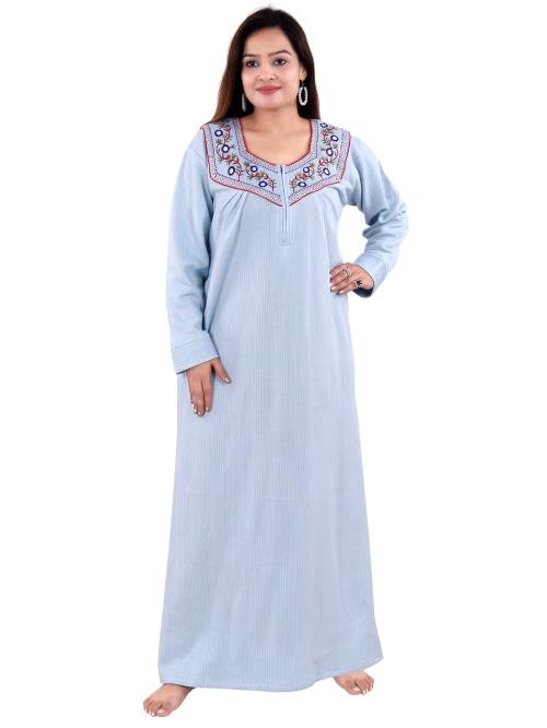 NACNO Women's Woolen/Winter Premium Thermal Nighty/Maxi/Nightgown Blue