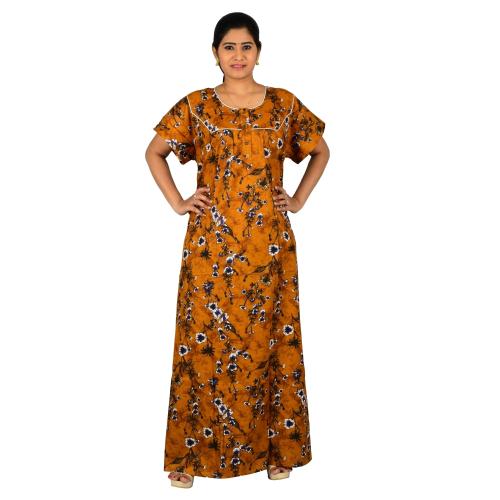 OSF Women's Printed Cotton Floral Maxi Round Neck Full Length Nightwear Night Gown Nighty ( Pack of 1, Orange, Size: 2XL, NW0350_2XL_O)