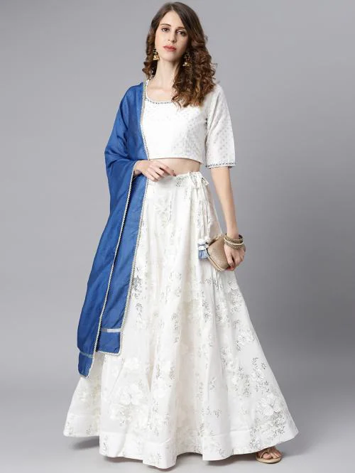 Janasya Women's White Poly Silk Floral Print Lehenga Choli With Dupatta