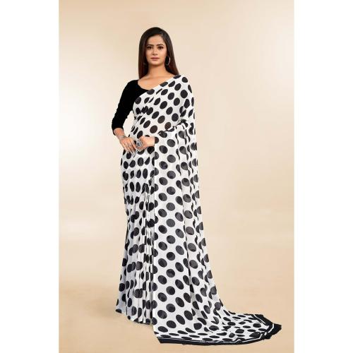 Grubstaker White Colour Polka Dot Printed Saree With Blouse Piece