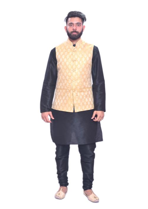 HFP Men's Black Matching Kurta Churidar With New Gold 1st Waistcoat