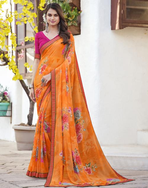 Satrani Georgette Orange Color Saree with Blouse piece