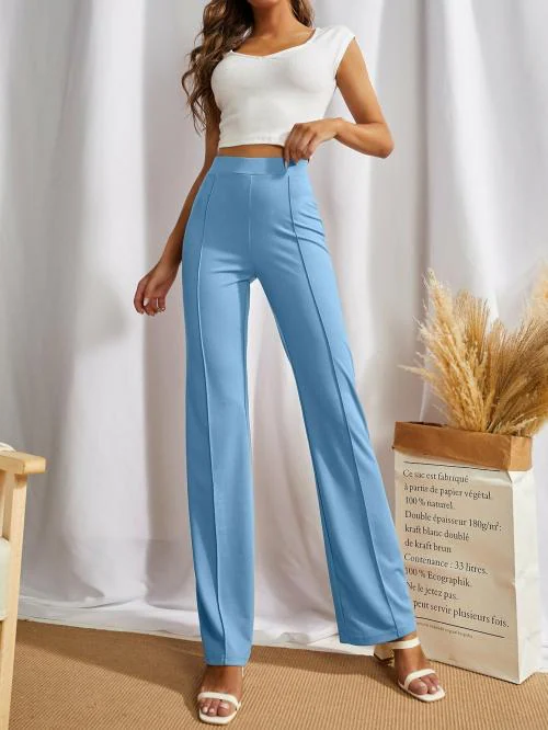 Women Regular Fit sky blue Cotton Blend Trousers