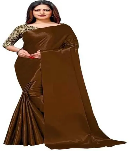 Aruna Sarees Solid/Plain Bollywood Satin Saree (Brown)