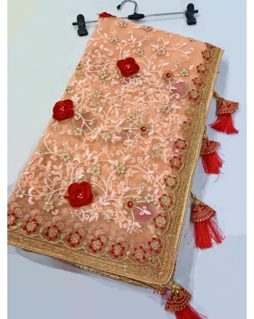 shyamlata Women's Net Machine And Hand Embroidery Stone Work Saree With Embroidered Blouse Piece|Orange