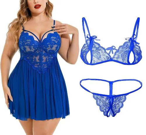 FASHION BONES Plus Size Combo Lingerie Lace Babydoll Womens Strap Chemise Nightgown V Neck Nighty Mesh Sleepwear Side Slit Nightdress (Blue) (4XL)