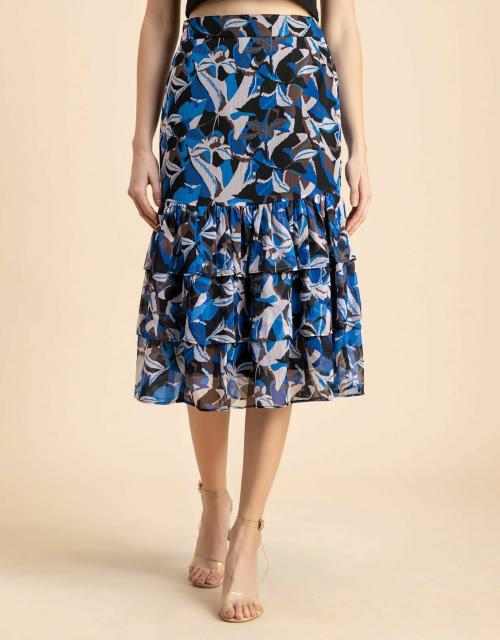 Moomaya Printed Layered Skirt For Women, Elastic Waist, Tiered Chiffon Midi Skirt