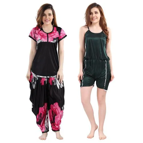 Romaisa Women's Pink, Dark Green Satin Solid Regular Length Pajama Top and Jumpsuit (Free Size) (Pack of 3) (PJ142-261)