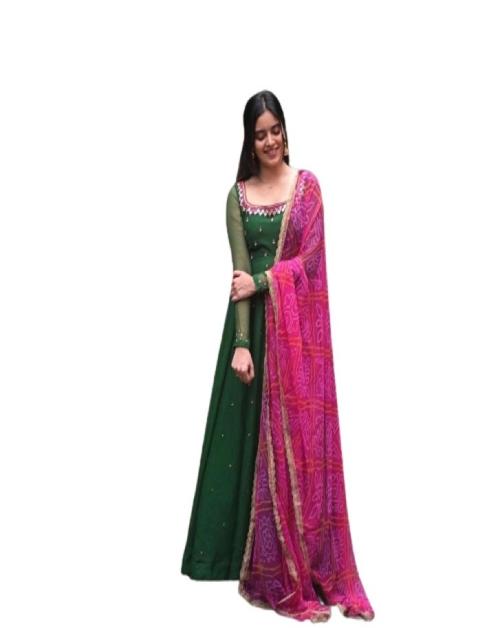 GRISHMITH Women's Fox Georgette Maxi Beautiful Gown With Dupatta (Green & Pink) - Size: Medium