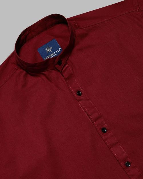 Jobber Plain Casual Marron Kurta Collar Shirt with Black Button for Men | Premium Cotton Shirt | Full Sleeves Slim Fit | Buy Stylish Plain Shirt Online Long Lasting Fabric