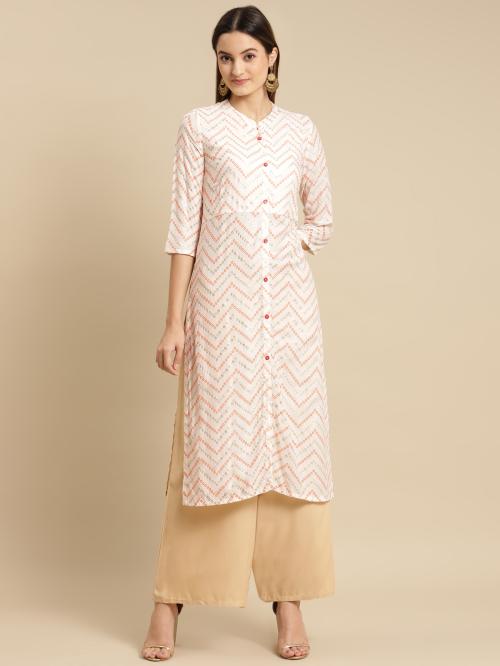 Rangita Women Rayon Off White Gold Printed Calf Length Straight Kurti With Front Placket