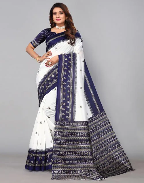 Siril Poly Silk White & Blue Color Saree with Blouse piece | sarees for Women| saree | sarees
