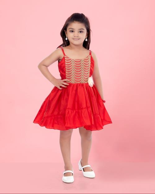 Aarika Girl's Red Color Party Wear Frock