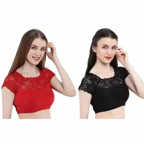 SUNBRUST Women's Cotton Blend Short Sleeves Square Neck Self Design Pattern Blouse Combo for Ladies