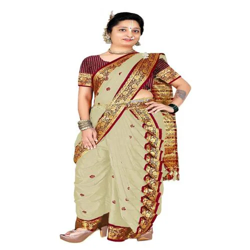 TREFLIN Women's Cotton Soft Silk Nauvari Saree Marathi Maharastrian Full Stitched Saree With Contrast Blouse Piece (Cream)