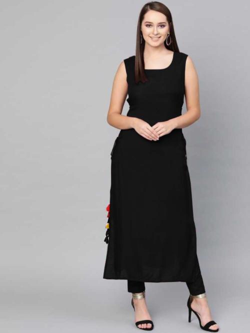 WOMEN VILLAGE Women Black Solid Viscose Rayon Straight Kurta - XXL