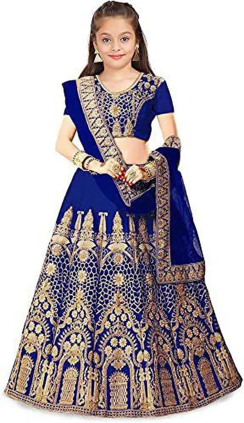 Dholazon Girls Dark Blue Embroidered Satin Ethnic Wear Lehenga With Choli And Dupatta Set (7-8 Years)