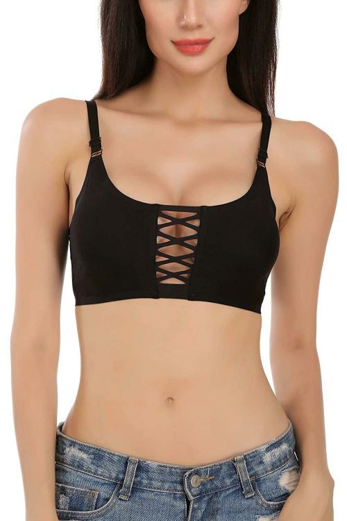 SONA Criss-Cross Front Bralette Sports Bra Padded Black Bralets or T-Shirt Bra Free Size