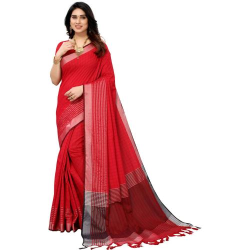 SHIVGAMI Women Red Striped Cotton Blend Daily Wear Saree