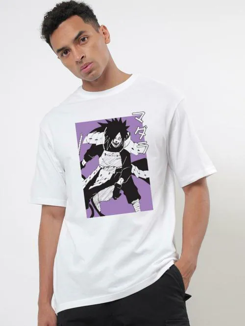 Bewakoof Men's White Madara Graphic Printed Round Neck Short Sleeve Oversized T-shirt