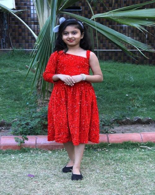 Peofz Baby Girls Below Knee Casual Dress (Red, 3/4 Sleeve)