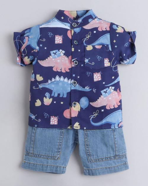 Hopscotch Baby Boys Cotton Animal Print Shirt And Shorts Set In Navy Colour For Ages 12-18 Months (YYZ-3131245)