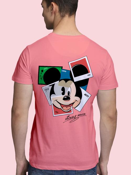 BLISSINK Mickey Mouse Front And Back Printed Coral Cotton Tshirt for Men