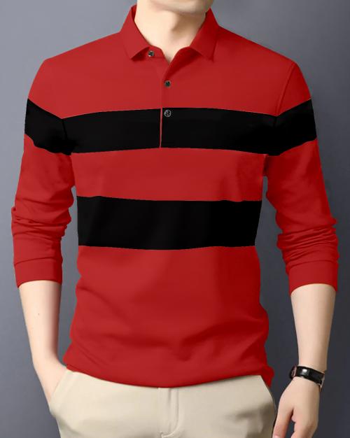 Gespo Red & Black Colorblocked Polo Neck Full Sleeve Casual T-Shirt