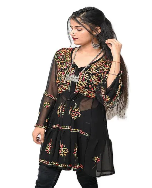 Sparkee Darkee Women Black Georgette Frill Short Gown Chikankari Kurti (M)