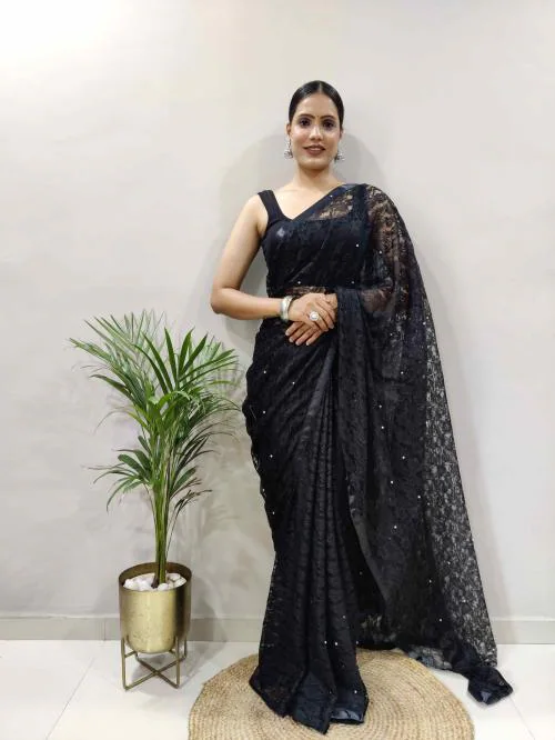 Reeta Fashion Elegant Black Brasso Net Brasso Saree With Unstitched Blouse