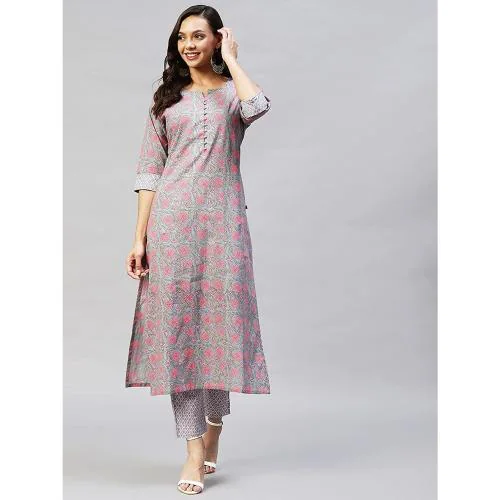 Grubstaker Women Cotton Blend Kurta and Pant Set