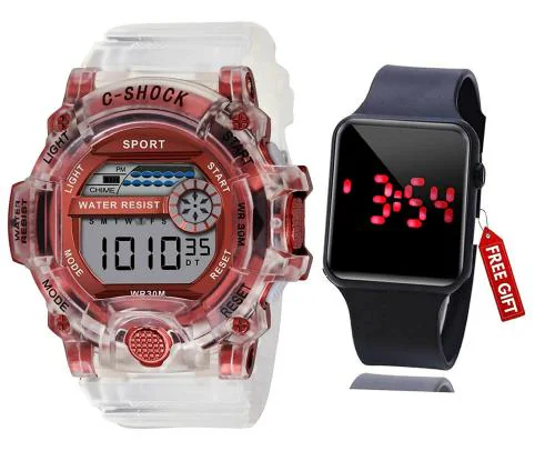 Acnos Digital Red Dial White Strap Watch For Men - (LED/GEO-RED)
