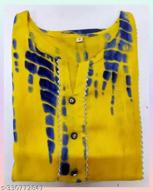 JAIPUR SARAI Women Rayon V Neck 3/4 Sleeves Tie Dye Print Kurti|Tie Dye Print Kurti | Stylish Ethnic Wear For Women in Multiple Colors |Fashionable Kurtas for Women | Yellow & Blue Color | XL Size