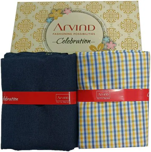 Arvind Men Yellow, Dark Blue Checkered Cotton Shirt And Trouser Fabric