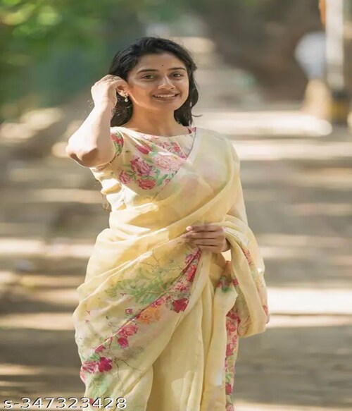 Shree Hari Fabrics Printed, Digital Print, Geometric Print, Floral Print Bollywood Cotton Blend, Cotton Linen Saree (White)-Size-Free Size-Multicolor3