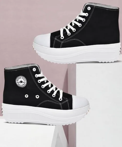 OZJI Premium Canvas Lace-up Ankle High Sole Sneakers Shoes For Men (Black)