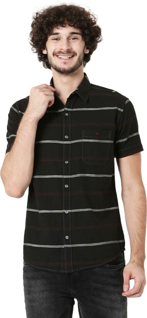 Mufti Black & Red Stitch Stripe Slim Fit Casual Shirt