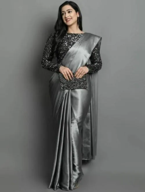 JAYKAR CREATION SEQUENCE GREY SATIN SAREE WITH SEQUENCE BLOUSE FOR WOMEN