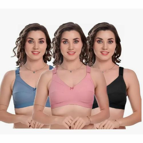MANCHI FASHION Combo Pack Non-Padded Full Back Coverage Broad Band T-shirts Bra for Women Bra, Wire-free, Wide Strap with 4 Hook Closure | MULTICOLOR - SKY BLUE, PINK & BLACK | SIZE - 42C