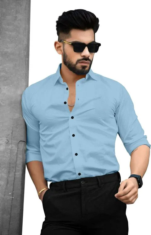 ANKLAR DESIGNER DESIGNER Store Men Light Blue Solid Cotton Blend Formal Shirt (L)