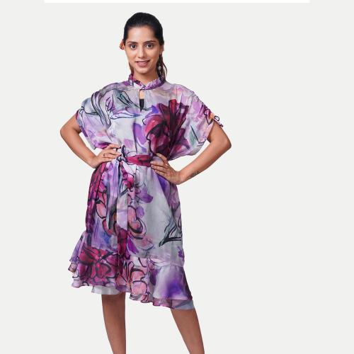 Rad Prix Women All Over Printed Purple Midi Dress With Kimono Sleeves