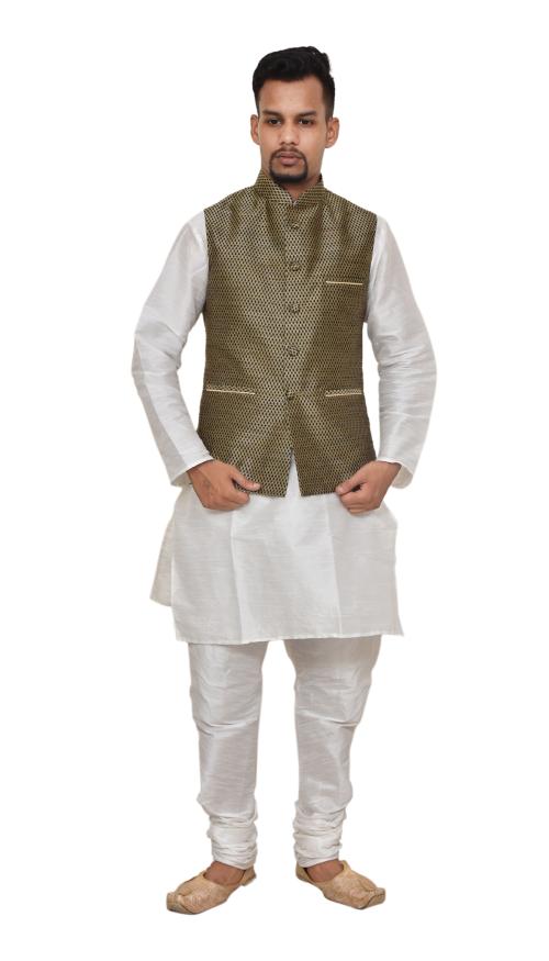 Mag Men's White Matching silk Kurta Churidhar With Purple Waistcoat