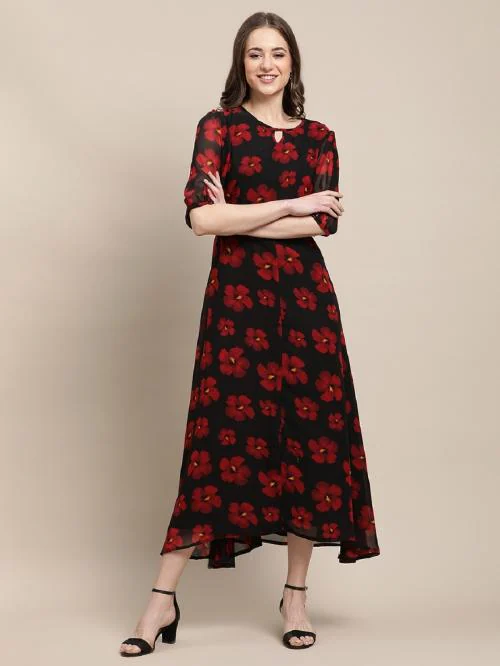 Fabflee Womens Georgette Floral Print A-line Dress | Dress | Women Dress | Western Dress | Printed Maxi Dress