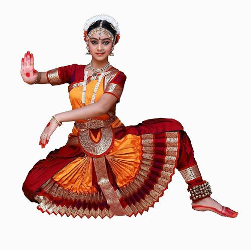 Shri Kalaivani Costumes Women Maroon and Orange Raw Silk Bharatanatyam Dress