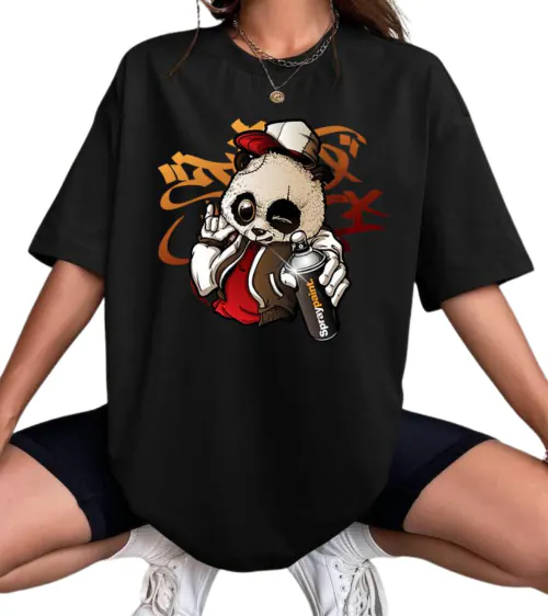 Calm Down Round Neck Printed Oversized PandaSP T-shirt For Women- 3/4-WOMEN-BLACK-PANDASP-XXL