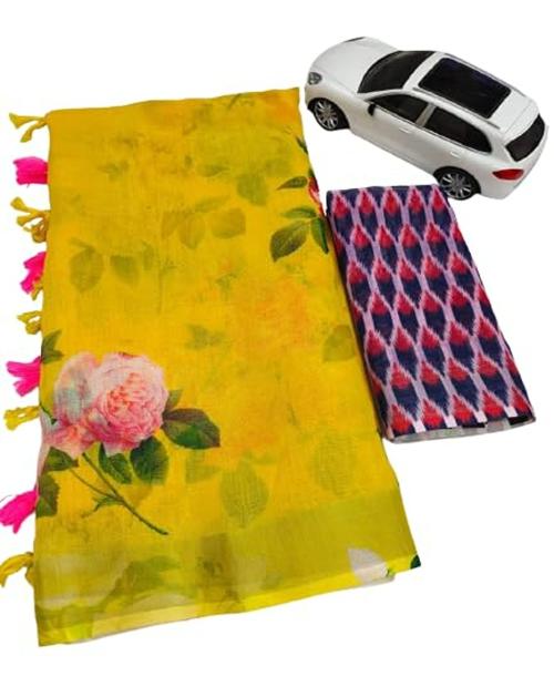 Planborn Women's Linen Floral Printed Saree With Blouse Piece